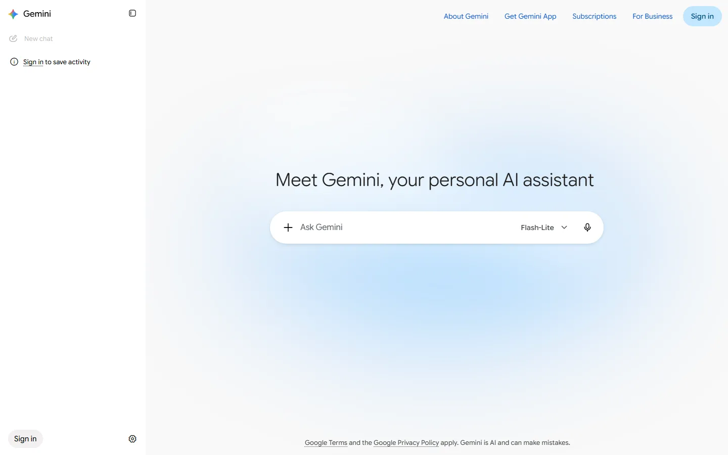Gemini Free Tier Interface - showing the chat UI with 1M context and Google Search integration