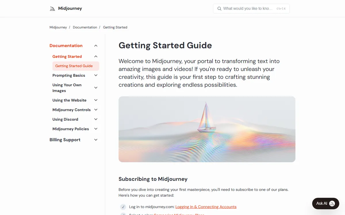 Midjourney documentation with AI-generated samples
